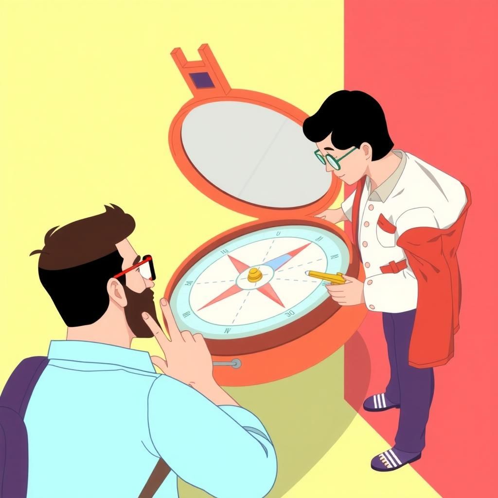 Illustration of people inspecting with a large compass